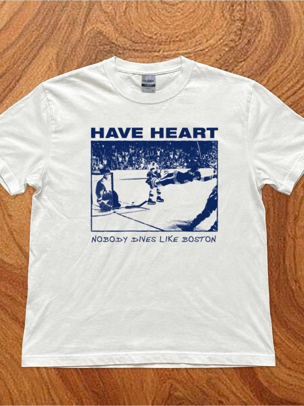 Gildan White Tee with Navy Hockey Graphic - Have Heart